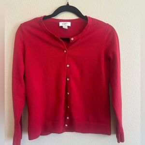 LOFT Bright Red Crystal-Button Crewneck Cardigan